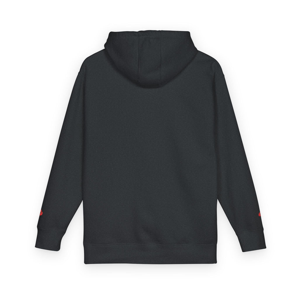 Minimal Flame Logo Hoodie — Black Fleece Pullover with Small Red Ember Graphic