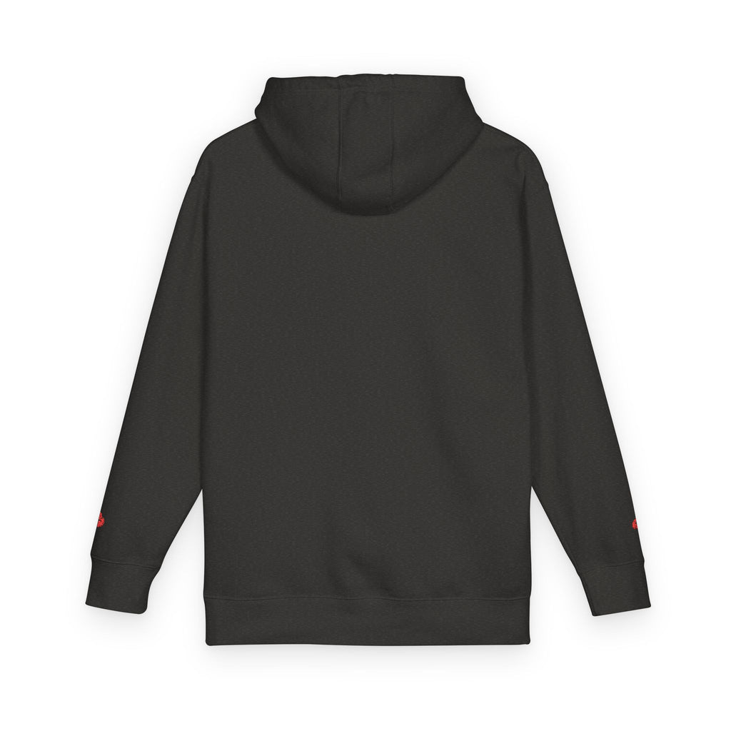 Minimal Flame Logo Hoodie — Black Fleece Pullover with Small Red Ember Graphic
