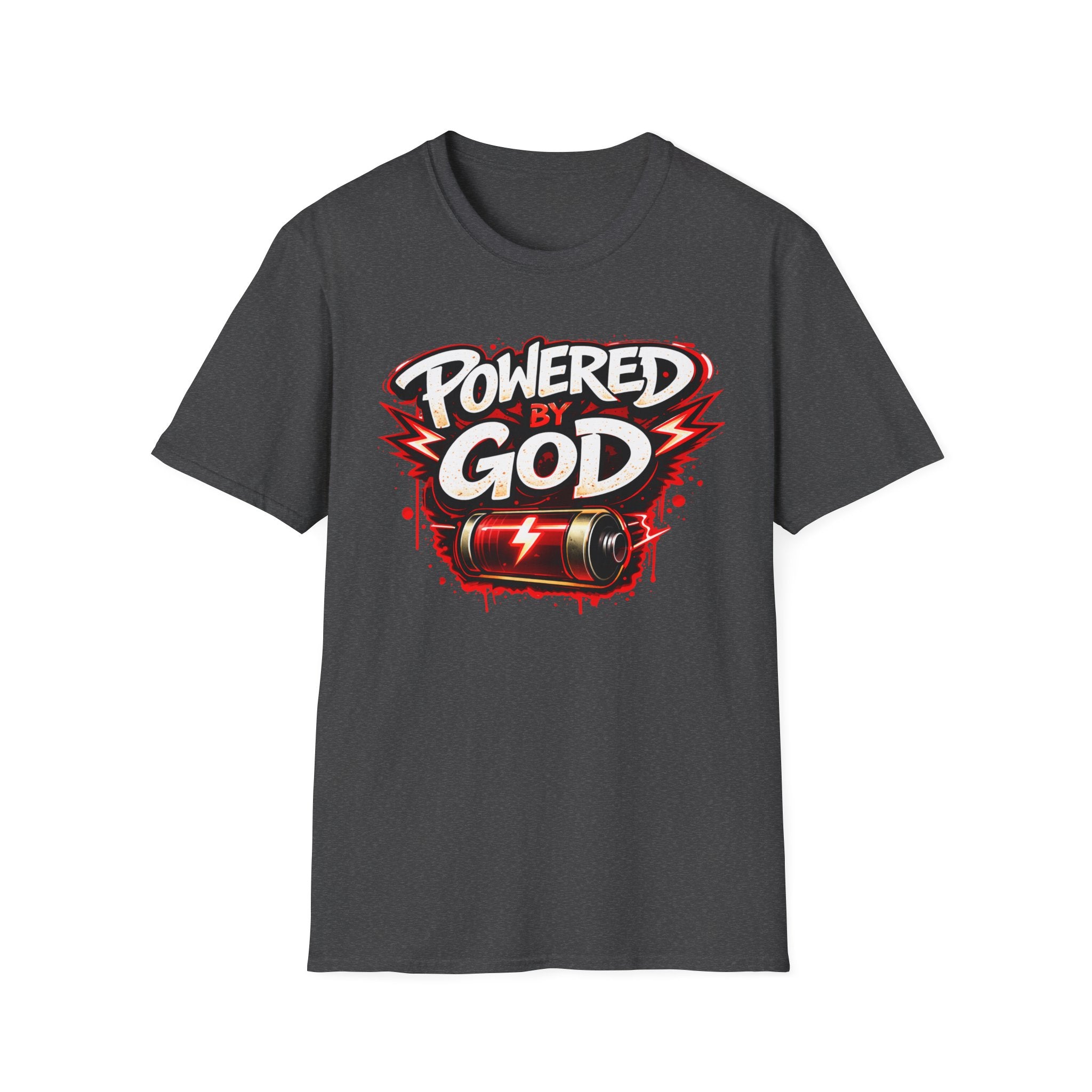 Powered by God T-Shirt — Christian Faith Graphic Tee with Battery Lightning Design