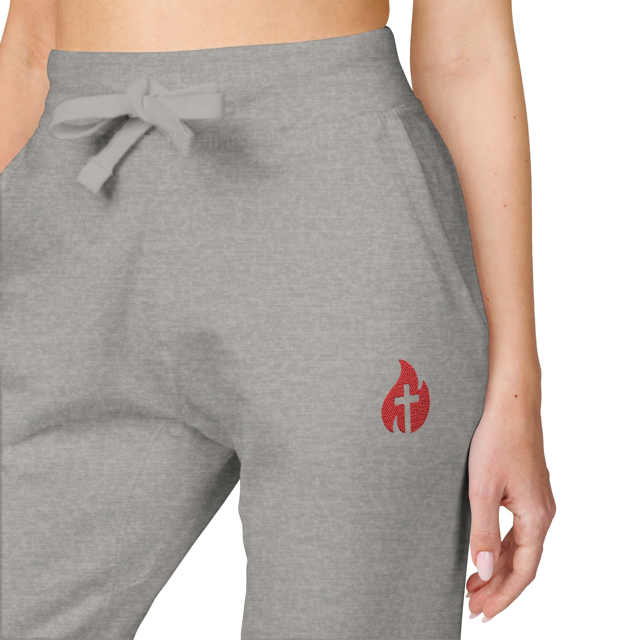 Embroidered Flame Joggers — Grey Fleece Sweatpants