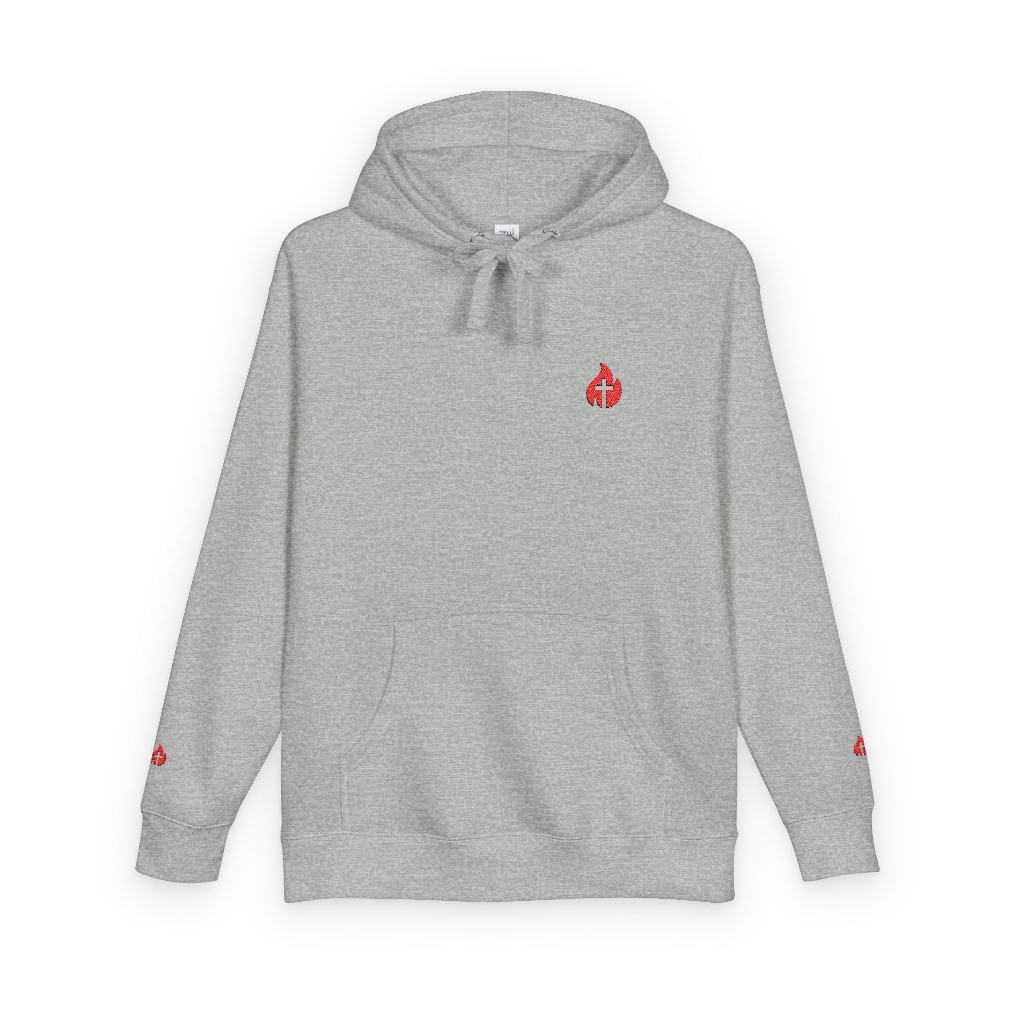 Minimal Flame Logo Hoodie — Black Fleece Pullover with Small Red Ember Graphic