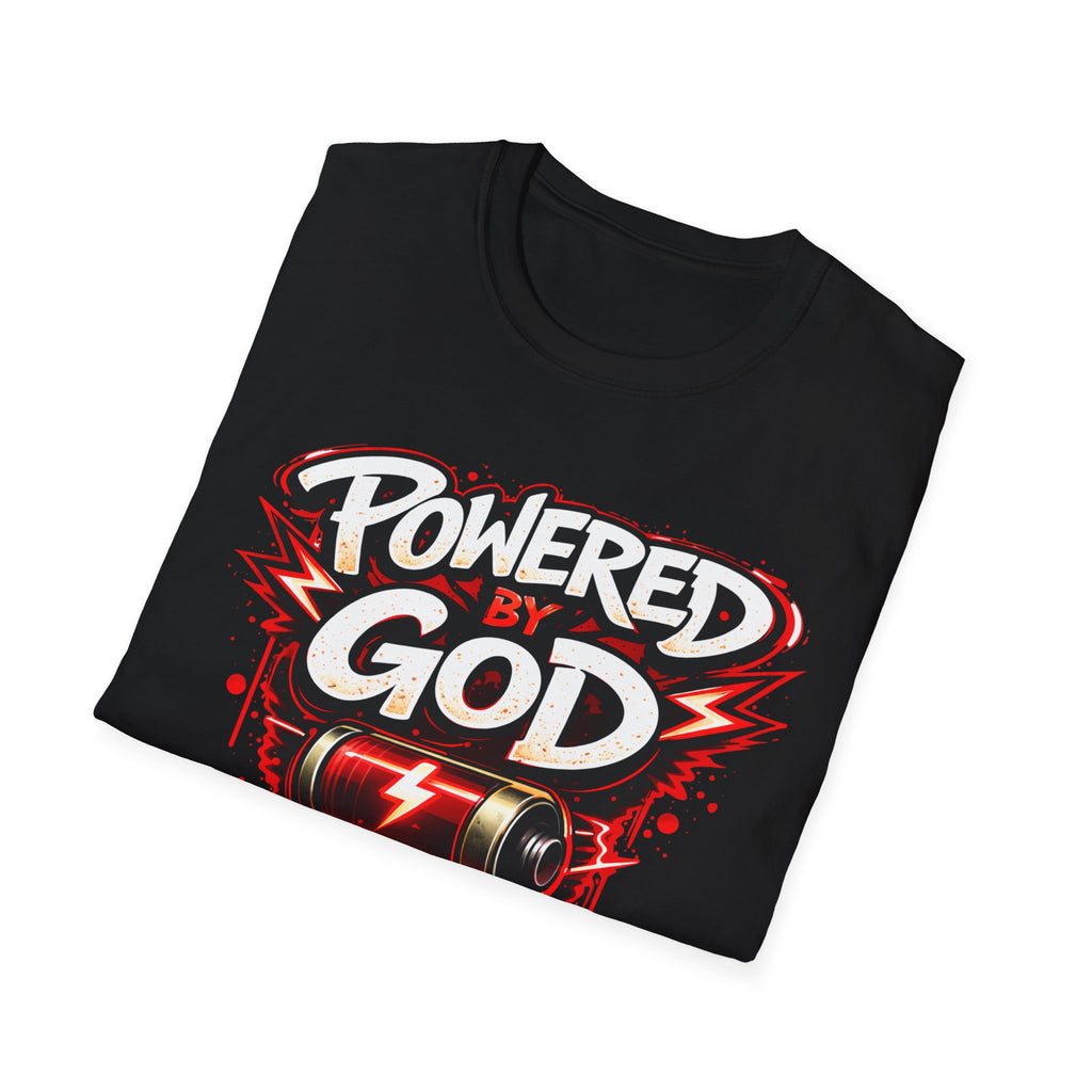 Powered by God T-Shirt — Christian Faith Graphic Tee with Battery Lightning Design