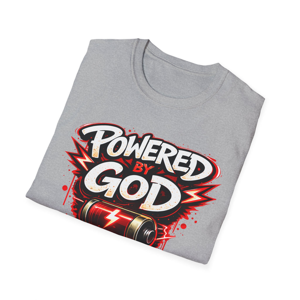 Powered by God T-Shirt — Christian Faith Graphic Tee with Battery Lightning Design
