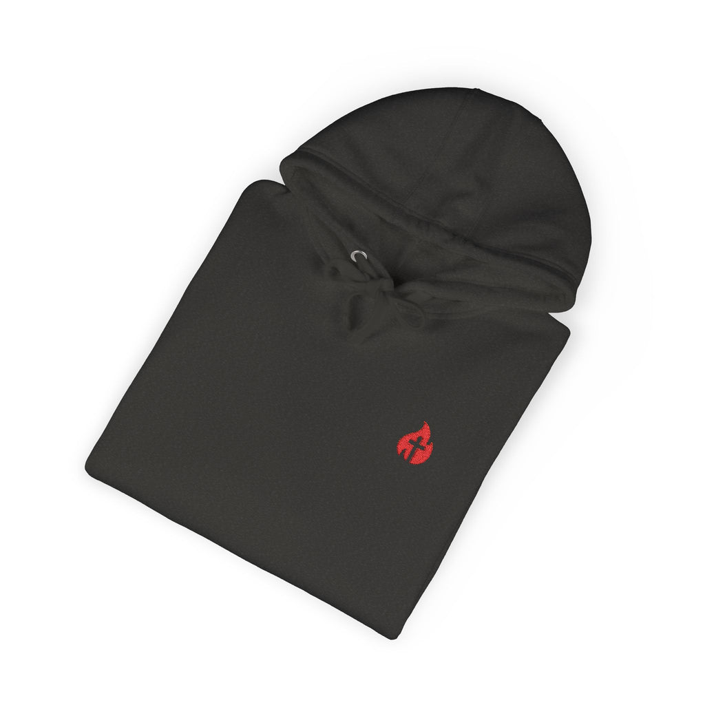 Minimal Flame Logo Hoodie — Black Fleece Pullover with Small Red Ember Graphic