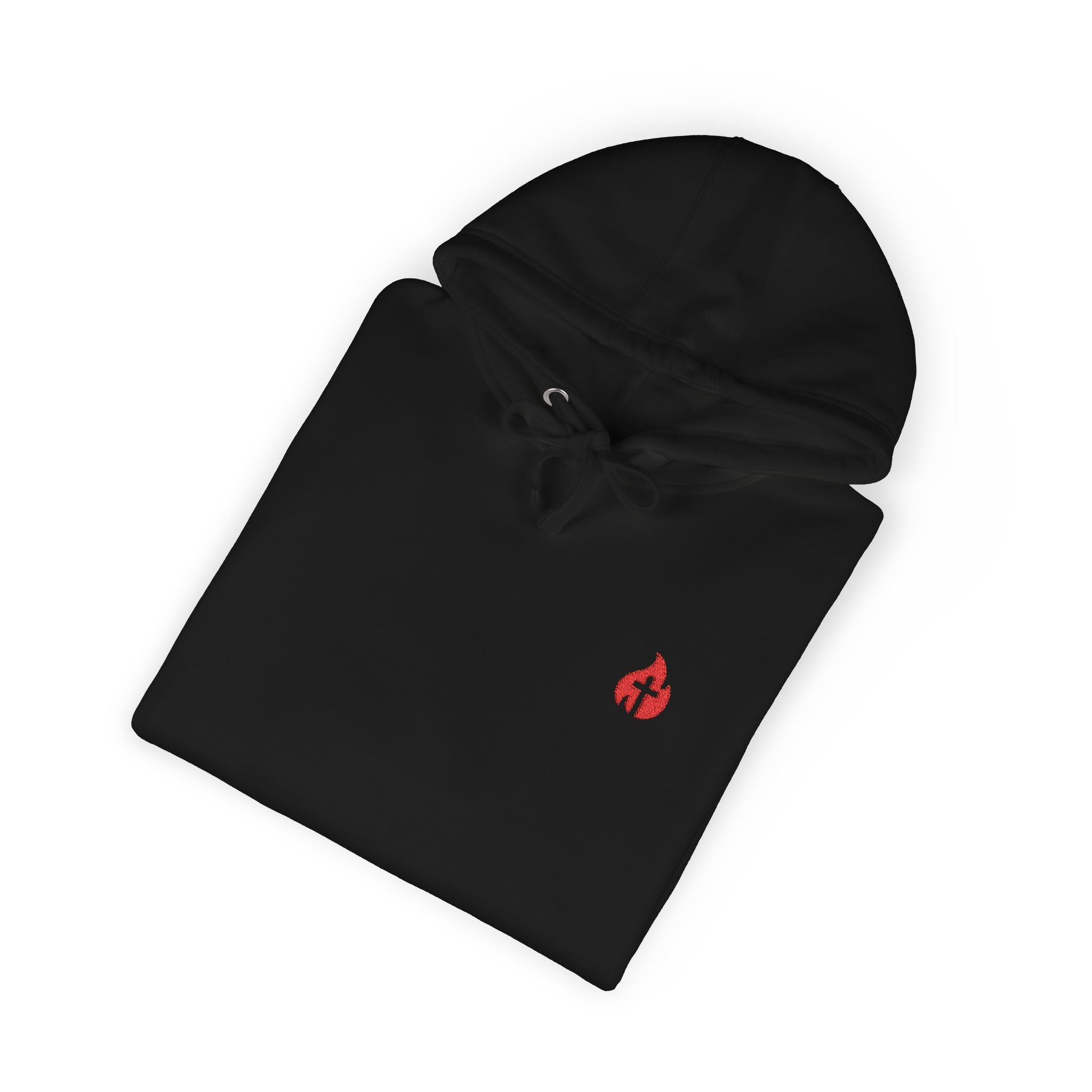 Minimal Flame Logo Hoodie — Black Fleece Pullover with Small Red Ember Graphic