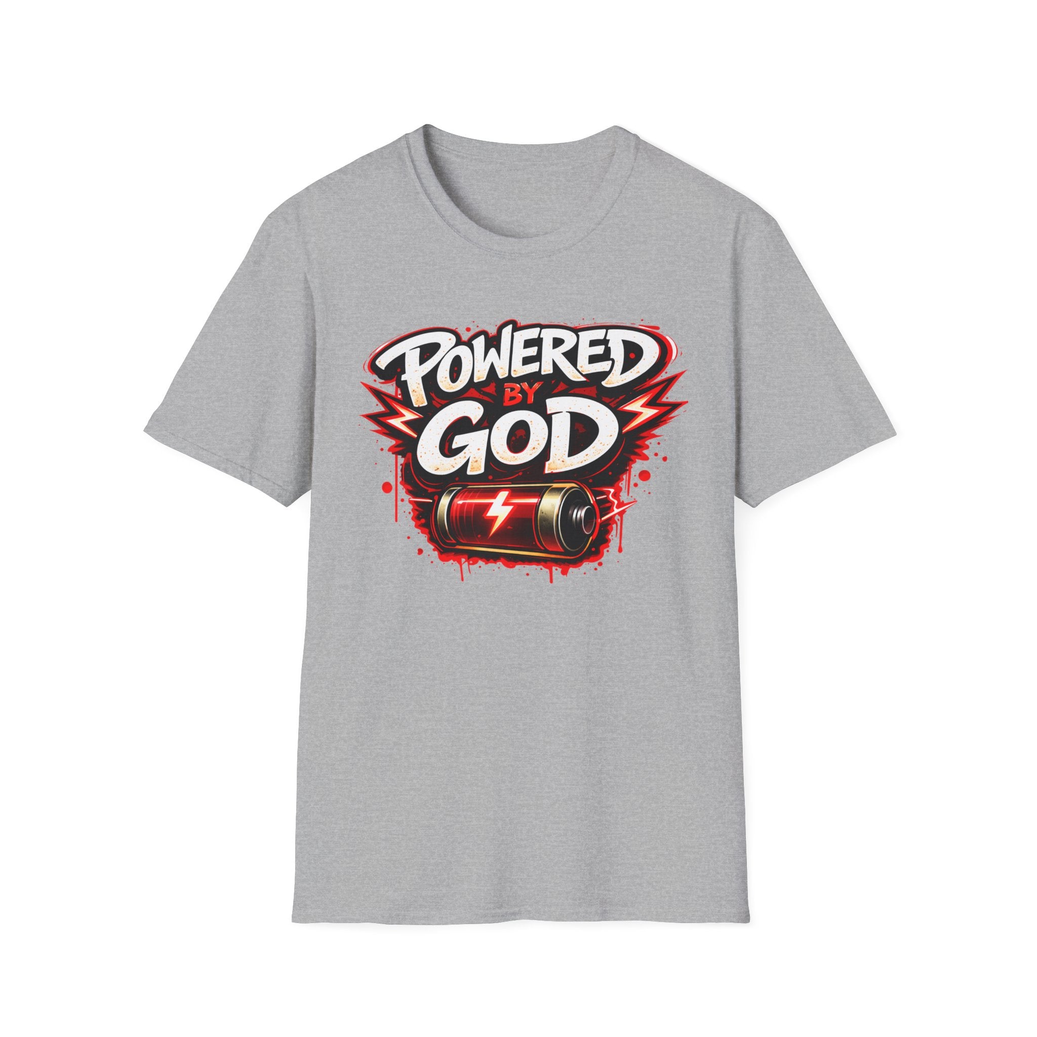 Powered by God T-Shirt — Christian Faith Graphic Tee with Battery Lightning Design