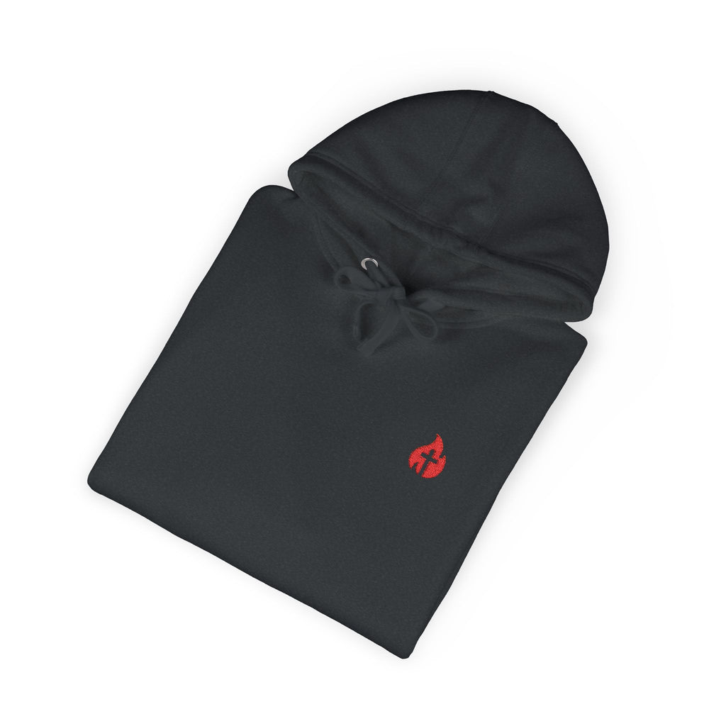 Minimal Flame Logo Hoodie — Black Fleece Pullover with Small Red Ember Graphic