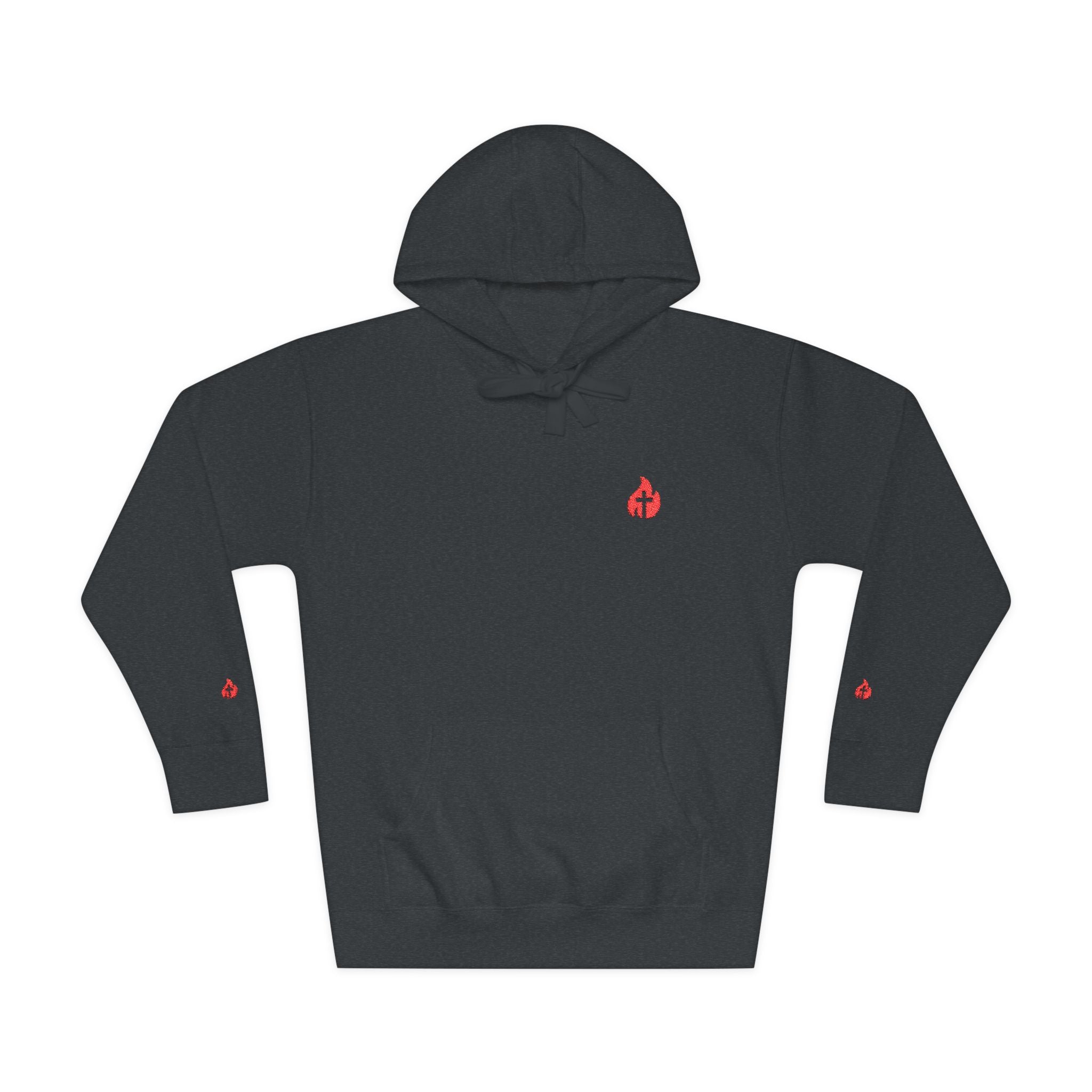 Minimal Flame Logo Hoodie — Black Fleece Pullover with Small Red Ember Graphic