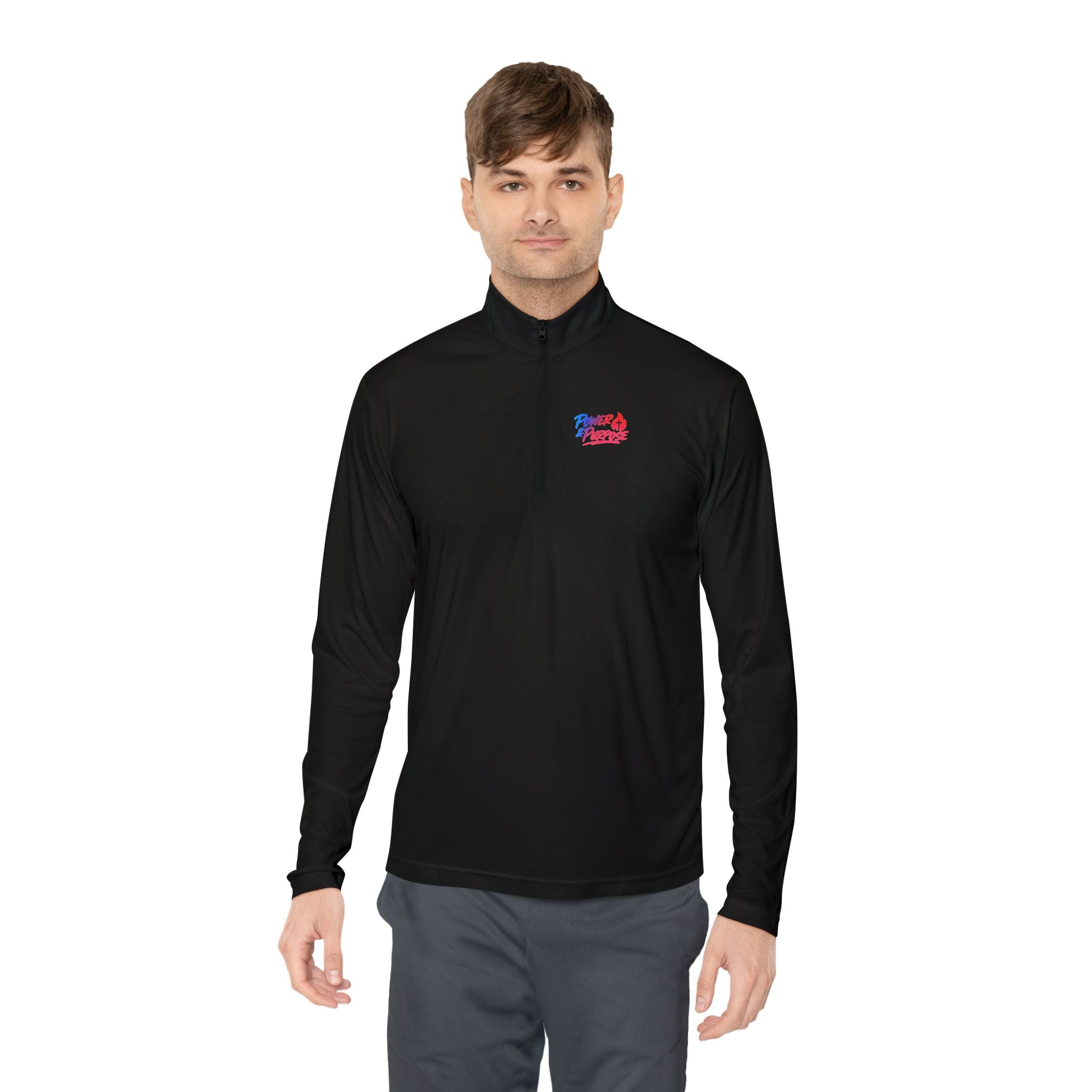 Quarter-Zip Pullover with Small Red & Blue Abstract Logo — Casual Lightweight Layer for Everyday Wear