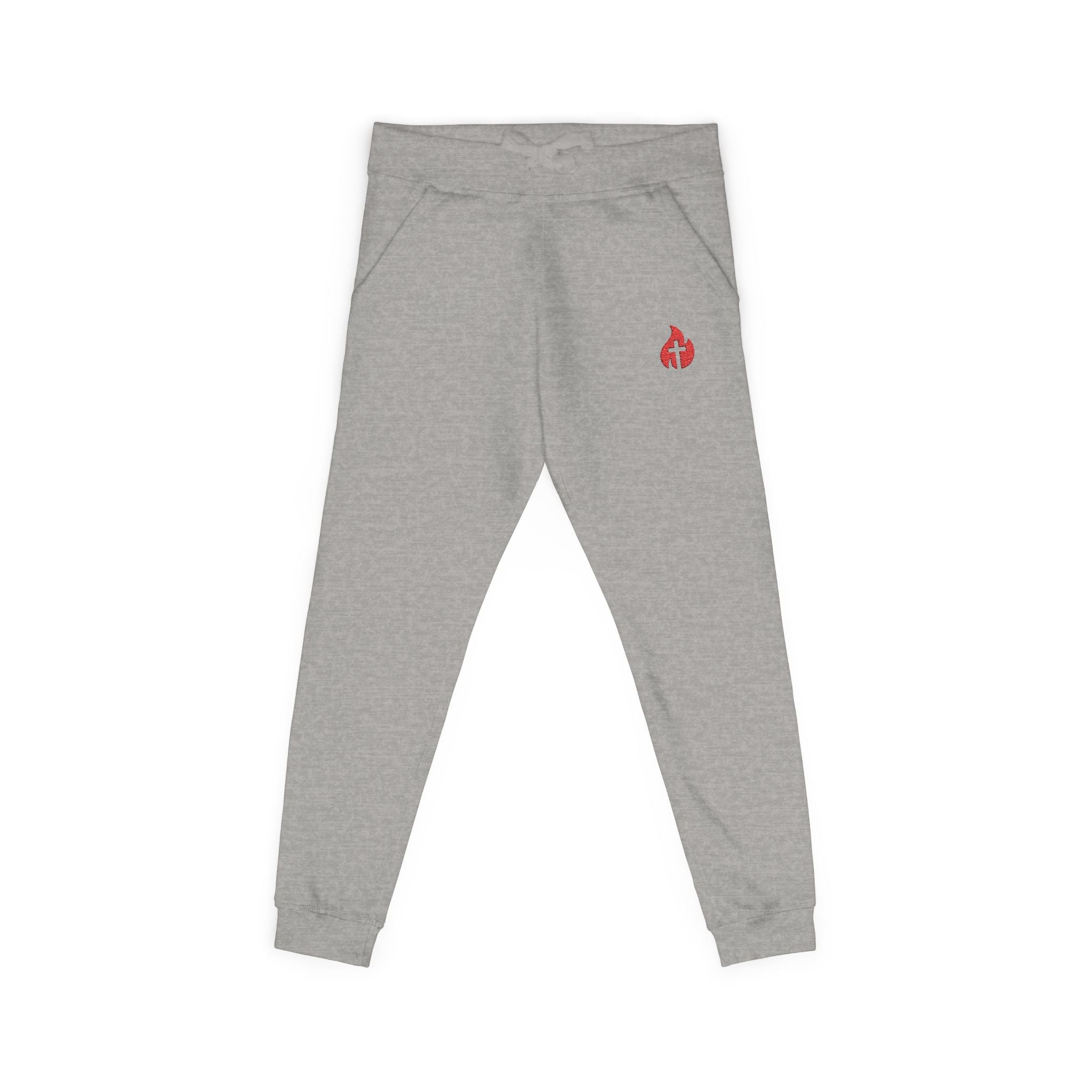 Embroidered Flame Joggers — Grey Fleece Sweatpants
