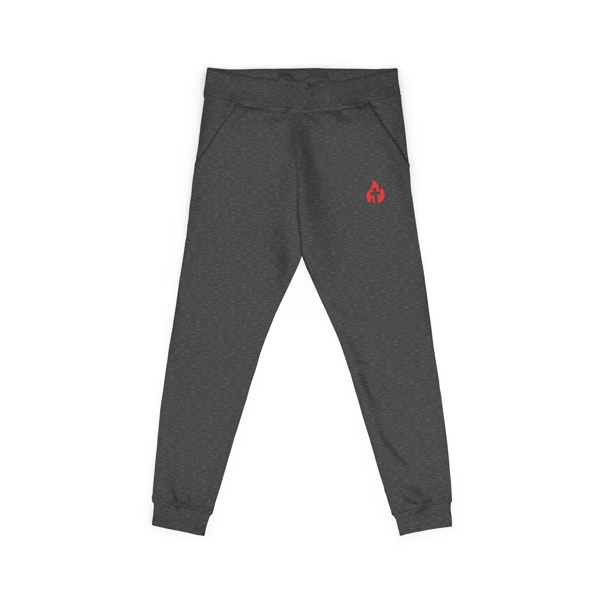 Embroidered Flame Joggers — Grey Fleece Sweatpants