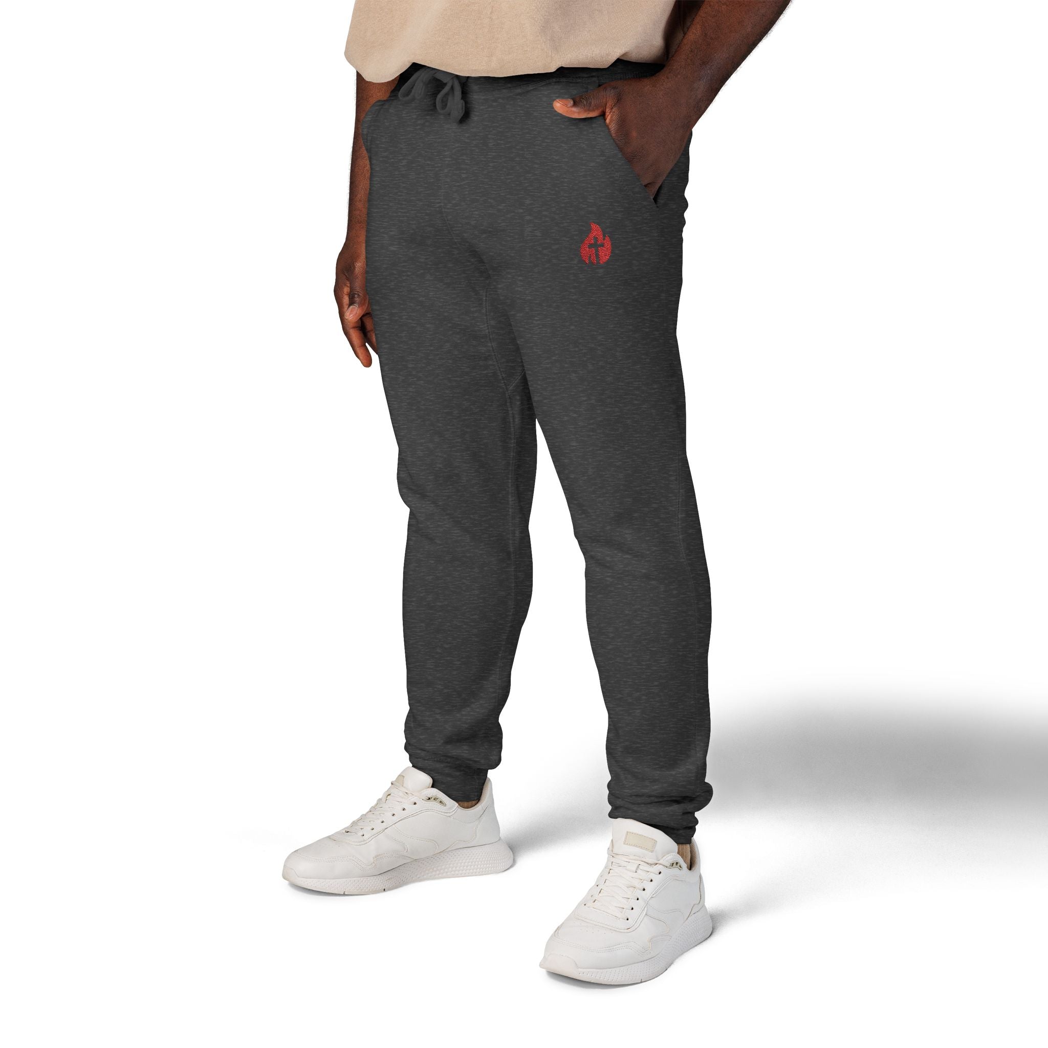 Embroidered Flame Joggers — Grey Fleece Sweatpants