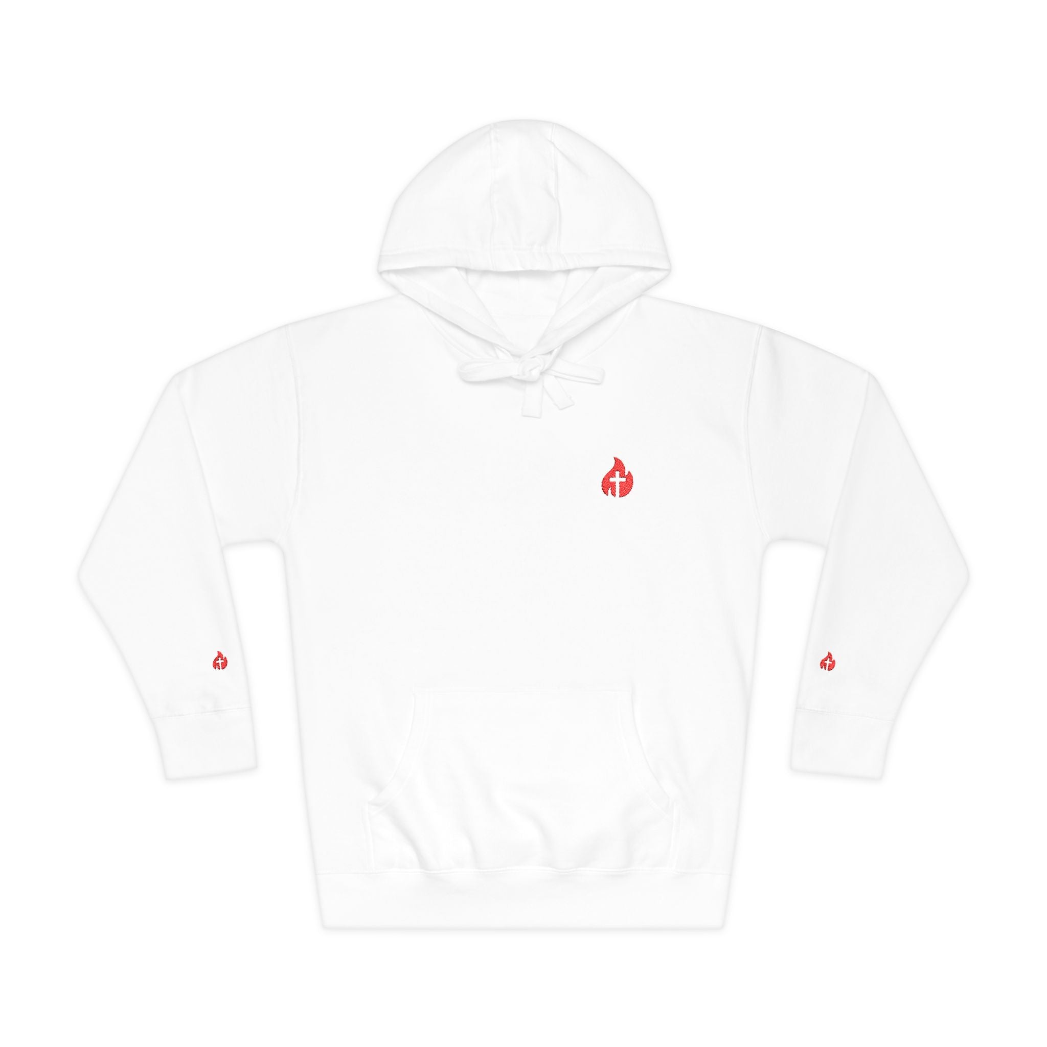 Minimal Flame Logo Hoodie — Black Fleece Pullover with Small Red Ember Graphic