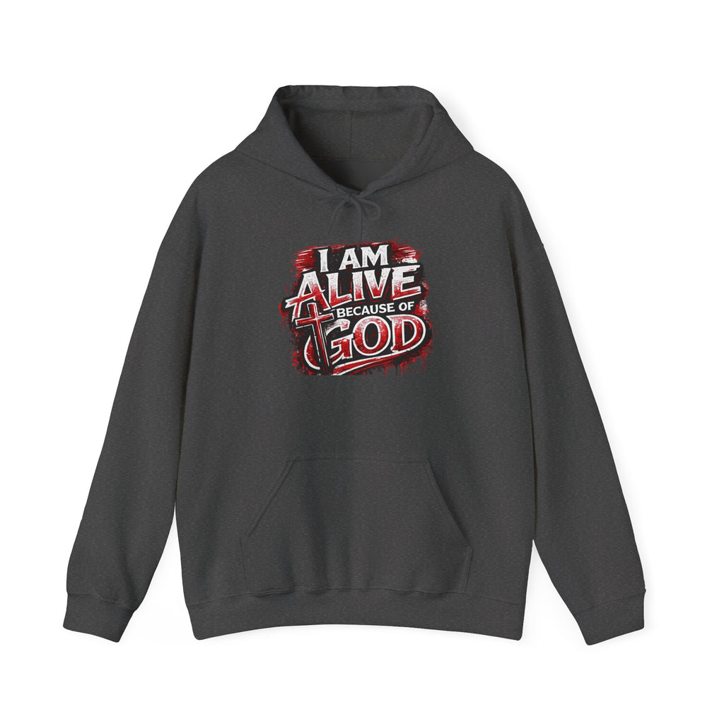 Christian Hoodie – "I Am Alive Because of God" Faith Graphic Pullover