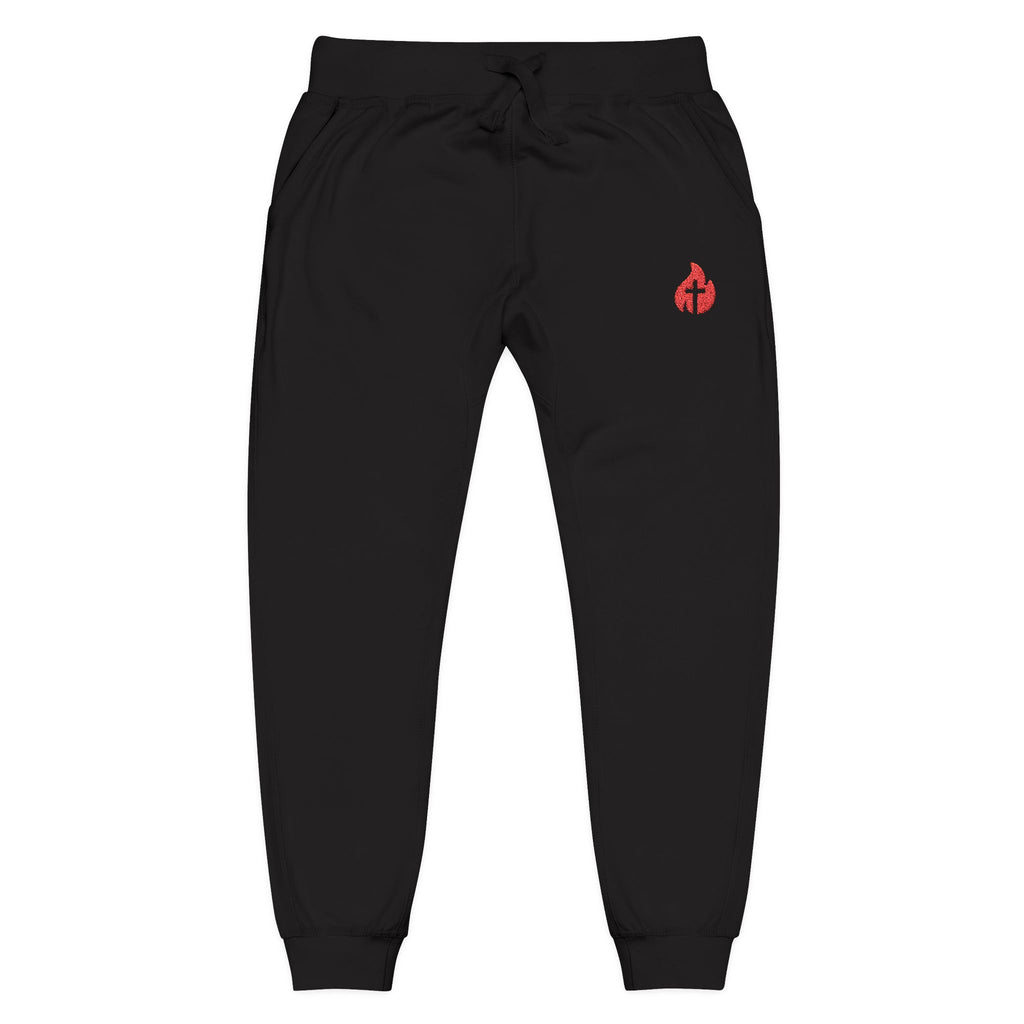 Embroidered Flame Joggers — Grey Fleece Sweatpants