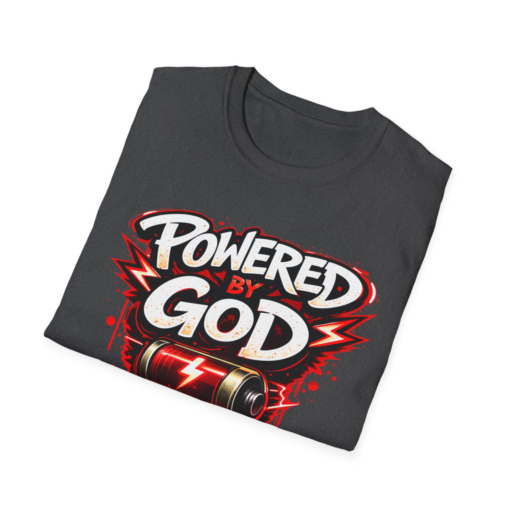 Powered by God T-Shirt — Christian Faith Graphic Tee with Battery Lightning Design