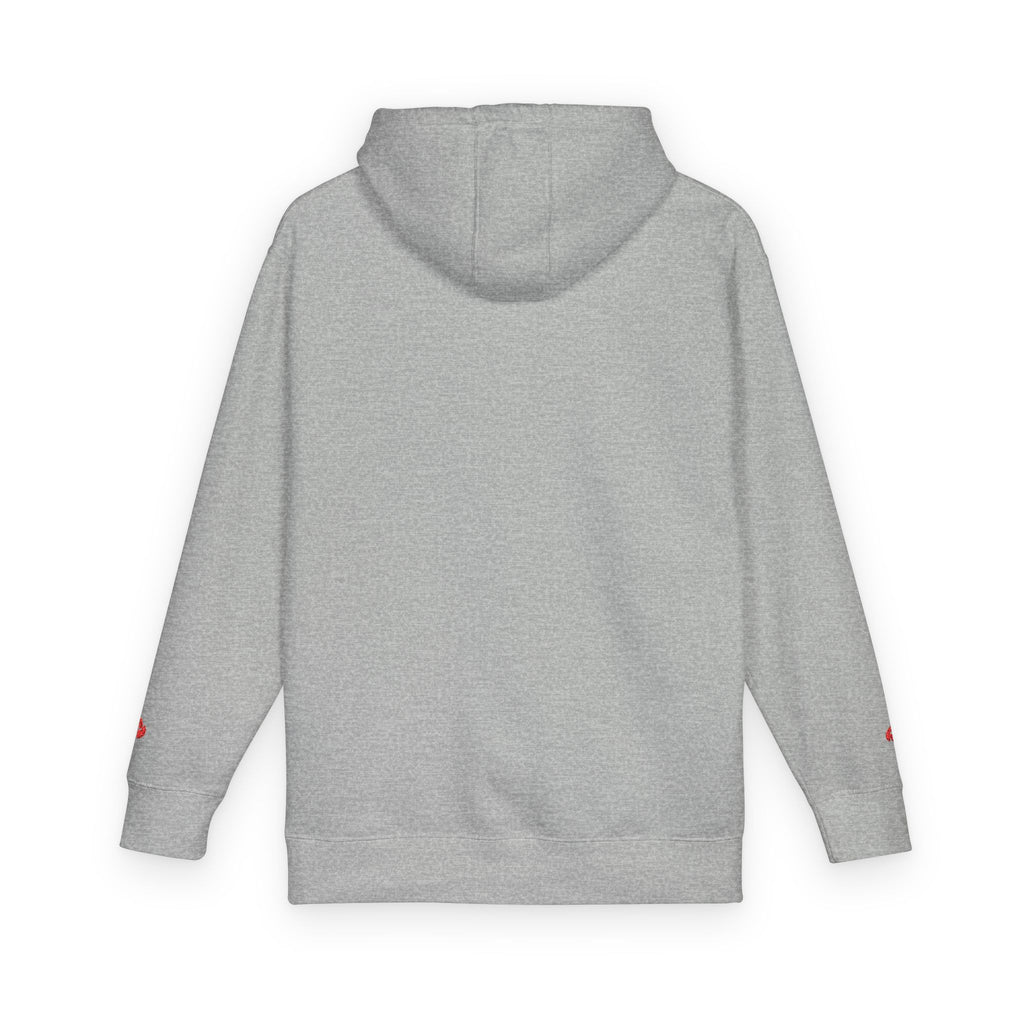 Minimal Flame Logo Hoodie — Black Fleece Pullover with Small Red Ember Graphic