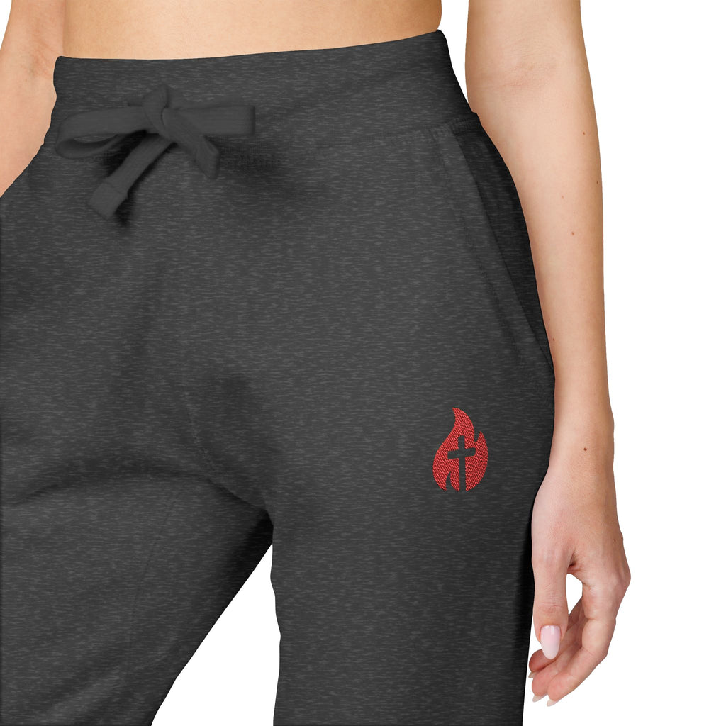Embroidered Flame Joggers — Grey Fleece Sweatpants