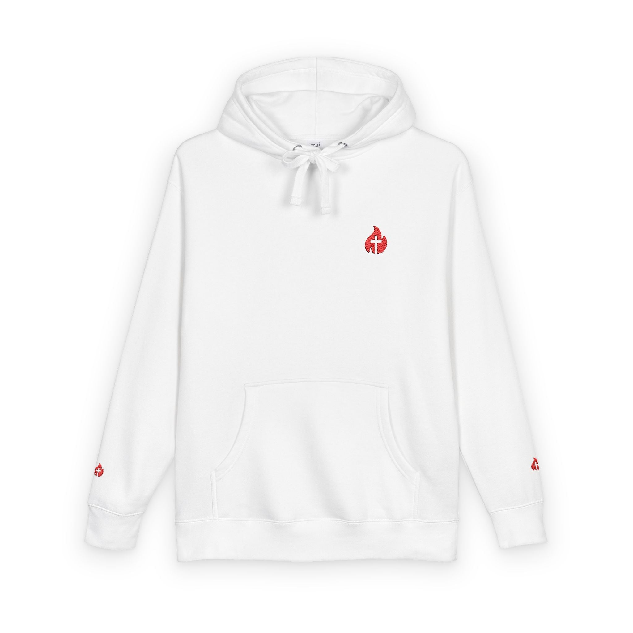 Minimal Flame Logo Hoodie — Black Fleece Pullover with Small Red Ember Graphic