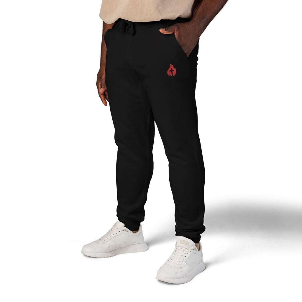 Embroidered Flame Joggers — Grey Fleece Sweatpants