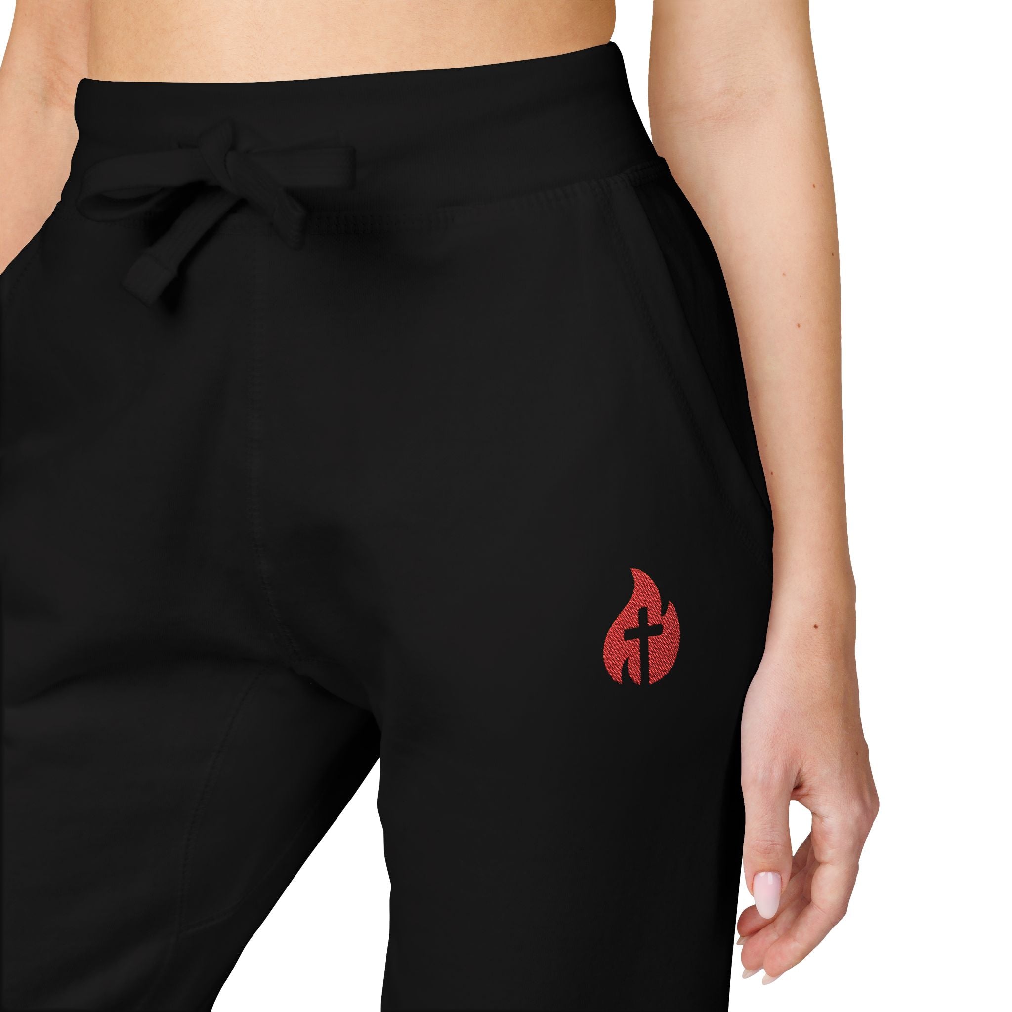 Embroidered Flame Joggers — Grey Fleece Sweatpants