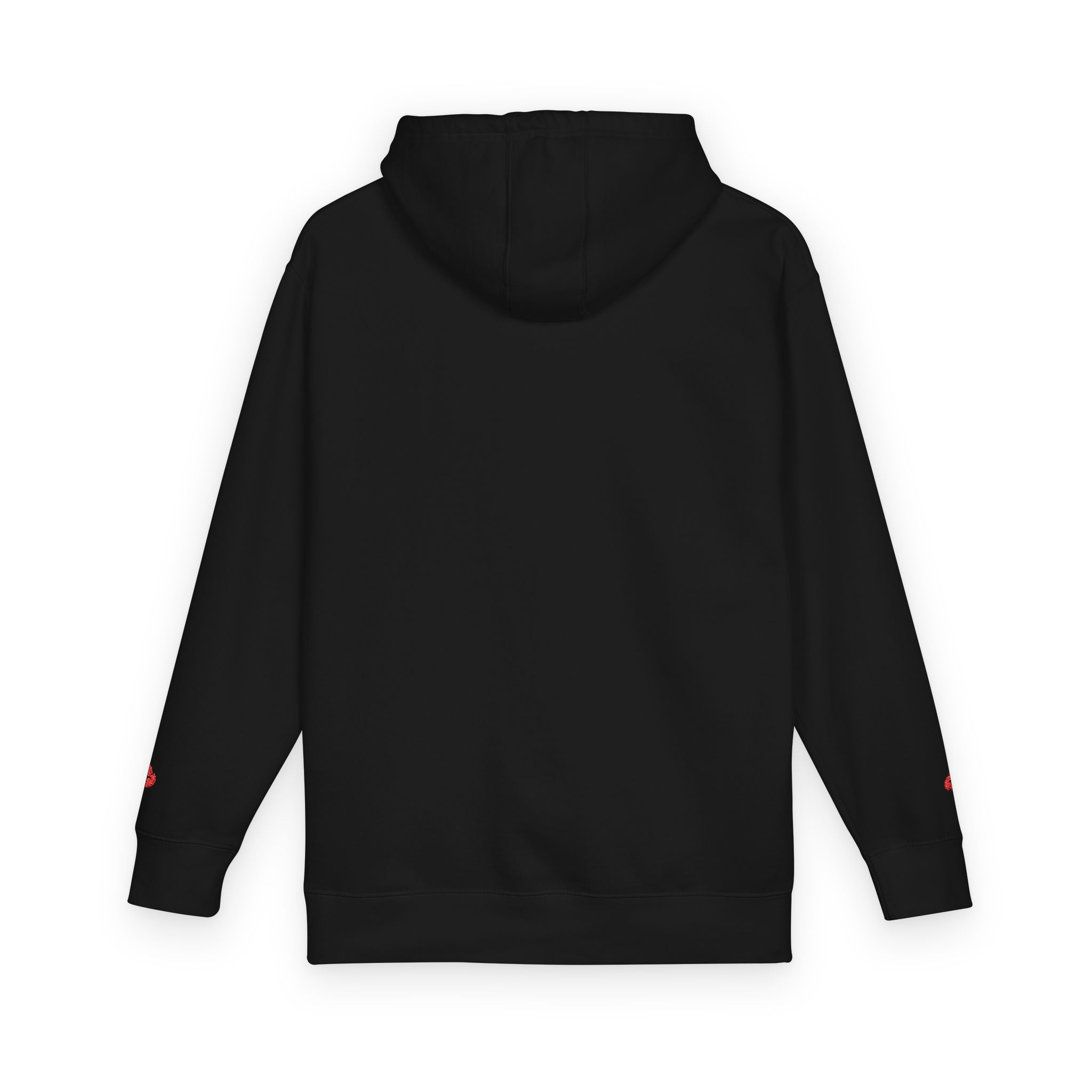 Minimal Flame Logo Hoodie — Black Fleece Pullover with Small Red Ember Graphic