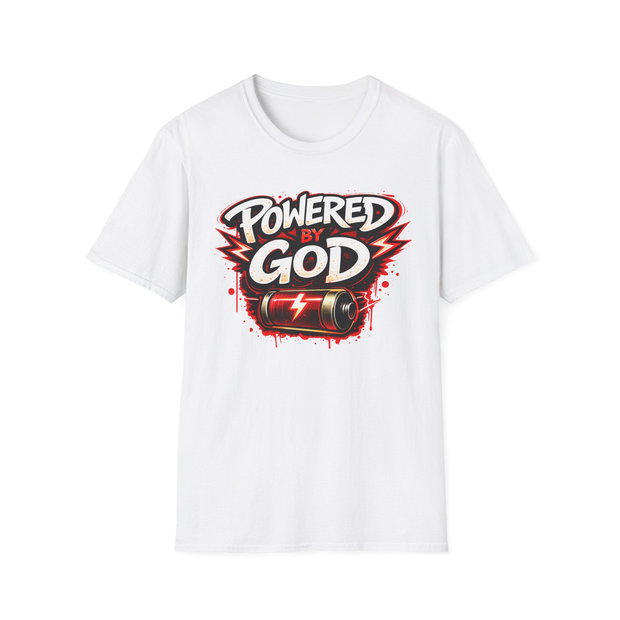 Powered by God T-Shirt — Christian Faith Graphic Tee with Battery Lightning Design