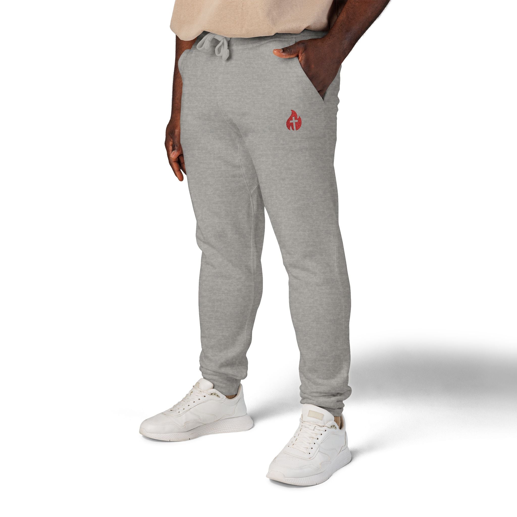 Embroidered Flame Joggers — Grey Fleece Sweatpants