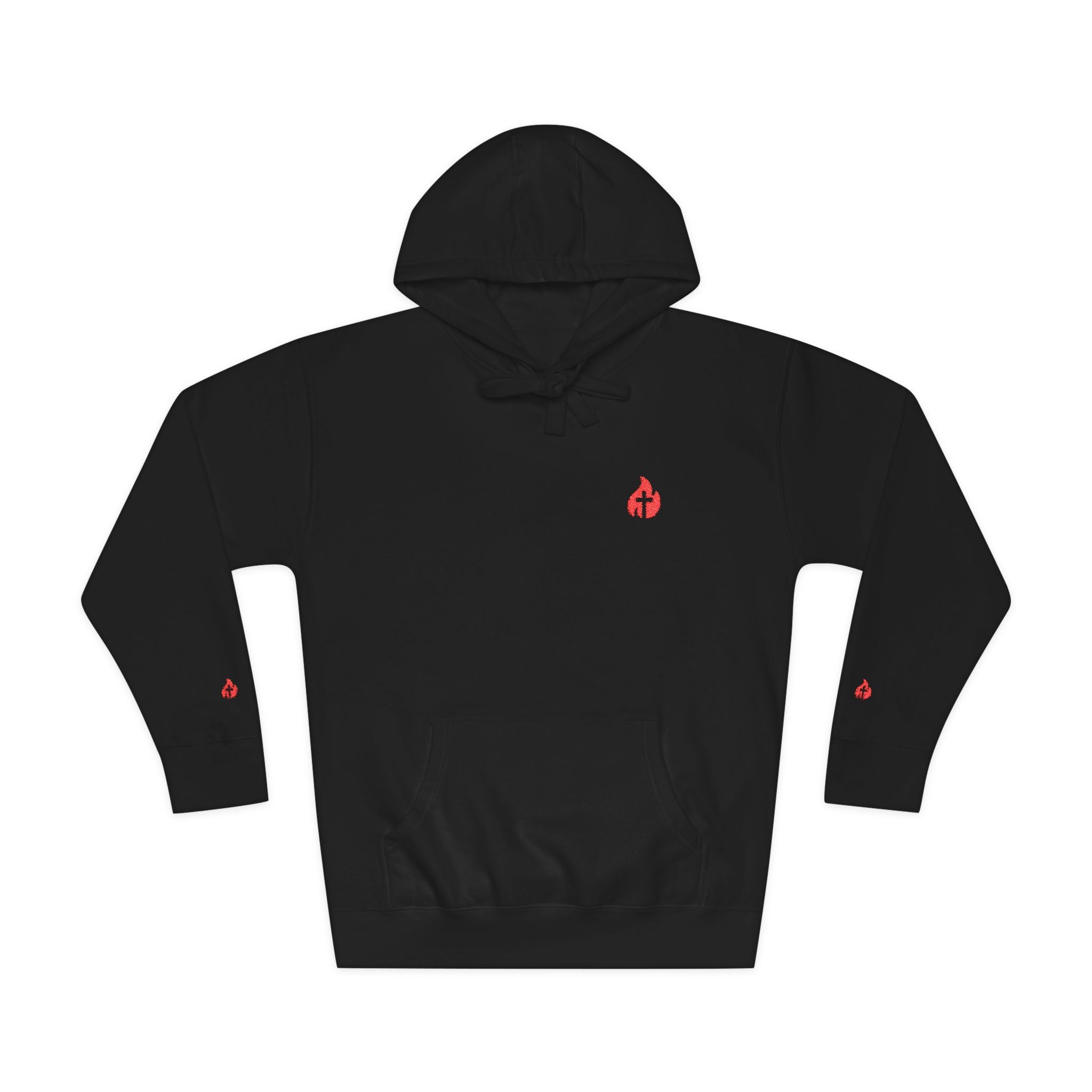 Minimal Flame Logo Hoodie — Black Fleece Pullover with Small Red Ember Graphic