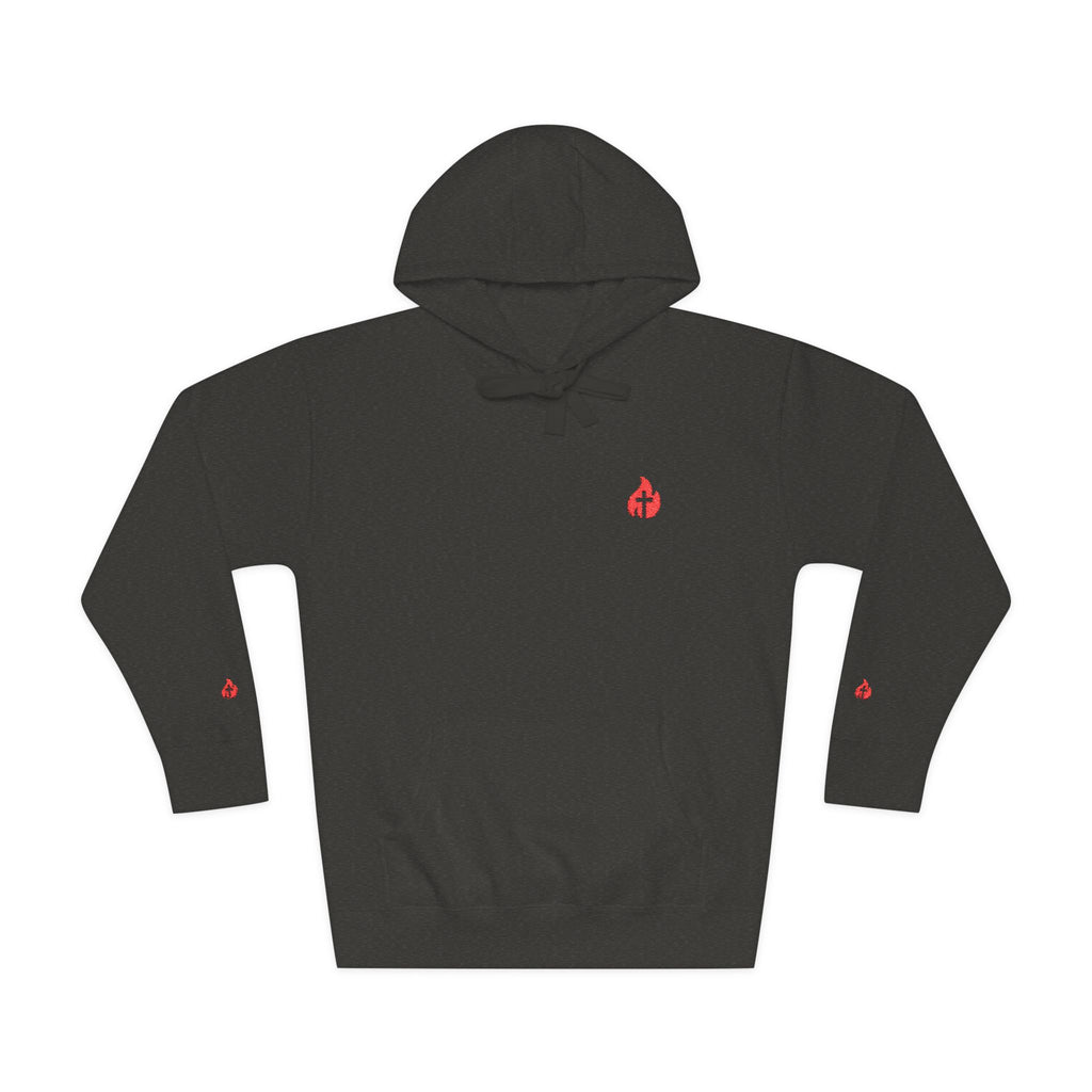 Minimal Flame Logo Hoodie — Black Fleece Pullover with Small Red Ember Graphic