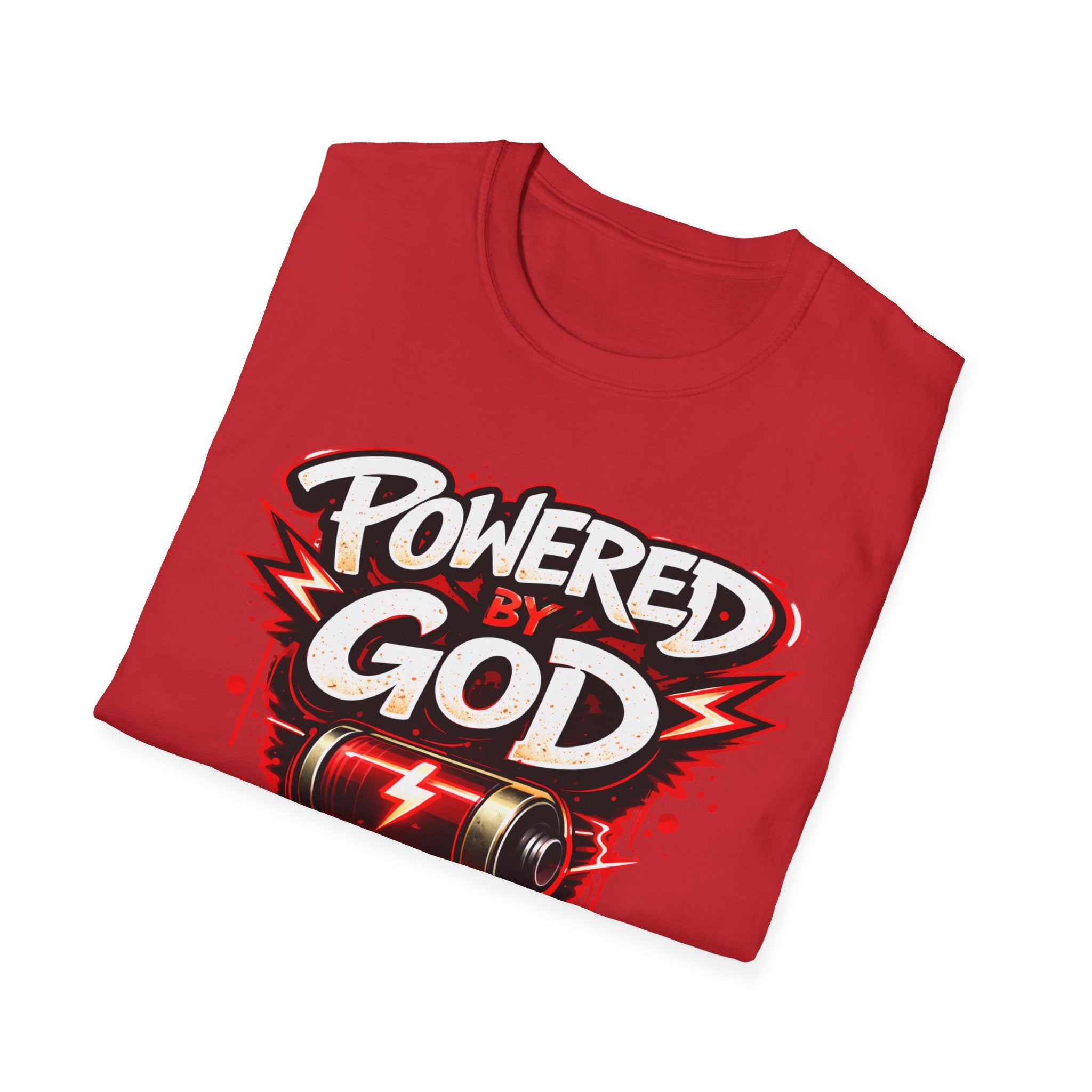 Powered by God T-Shirt — Christian Faith Graphic Tee with Battery Lightning Design