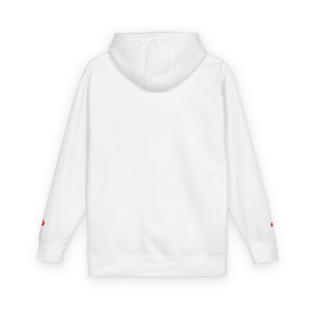 Minimal Flame Logo Hoodie — Black Fleece Pullover with Small Red Ember Graphic
