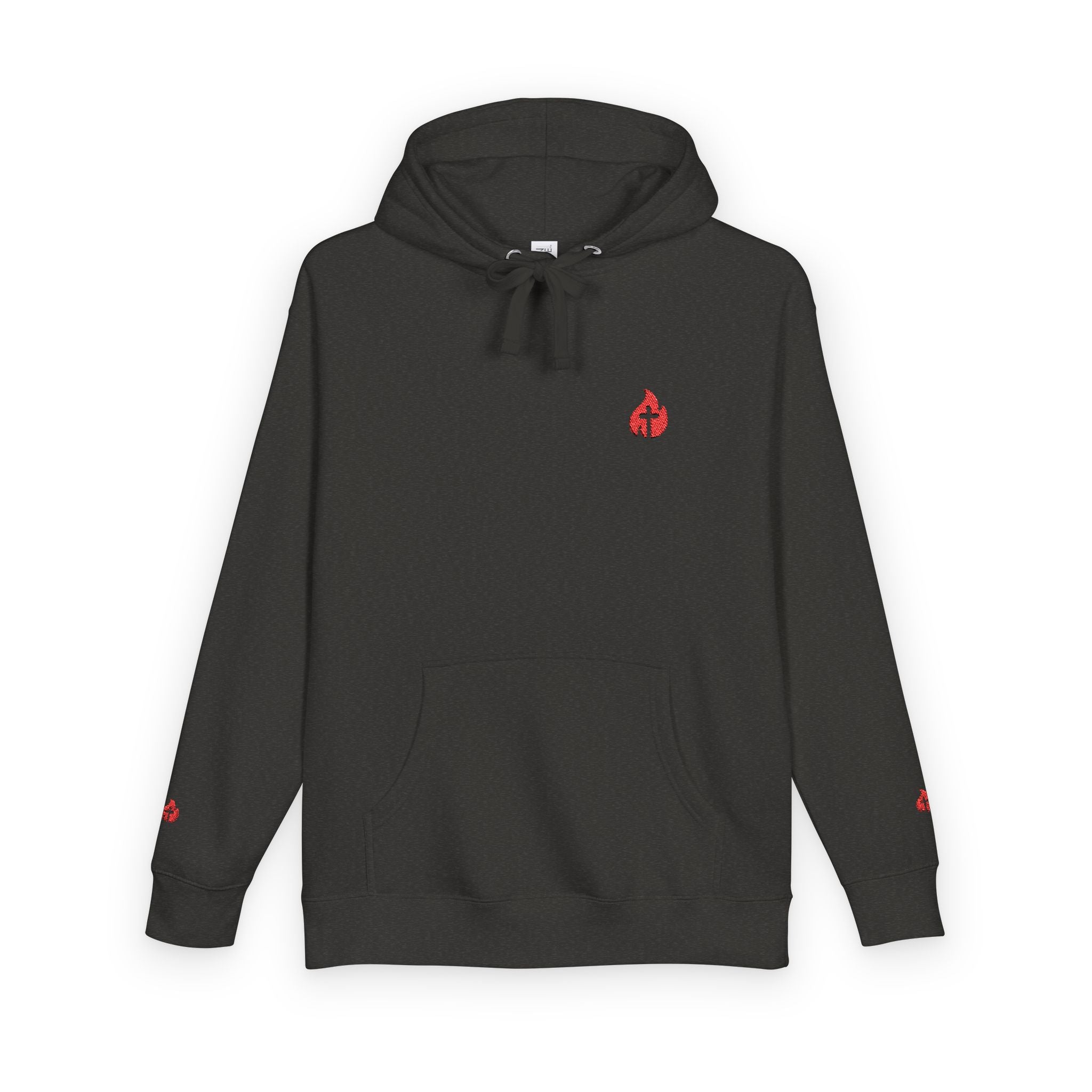 Minimal Flame Logo Hoodie — Black Fleece Pullover with Small Red Ember Graphic