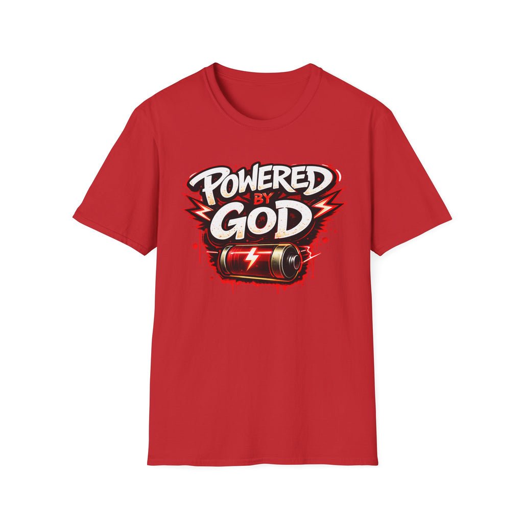 Powered by God T-Shirt — Christian Faith Graphic Tee with Battery Lightning Design