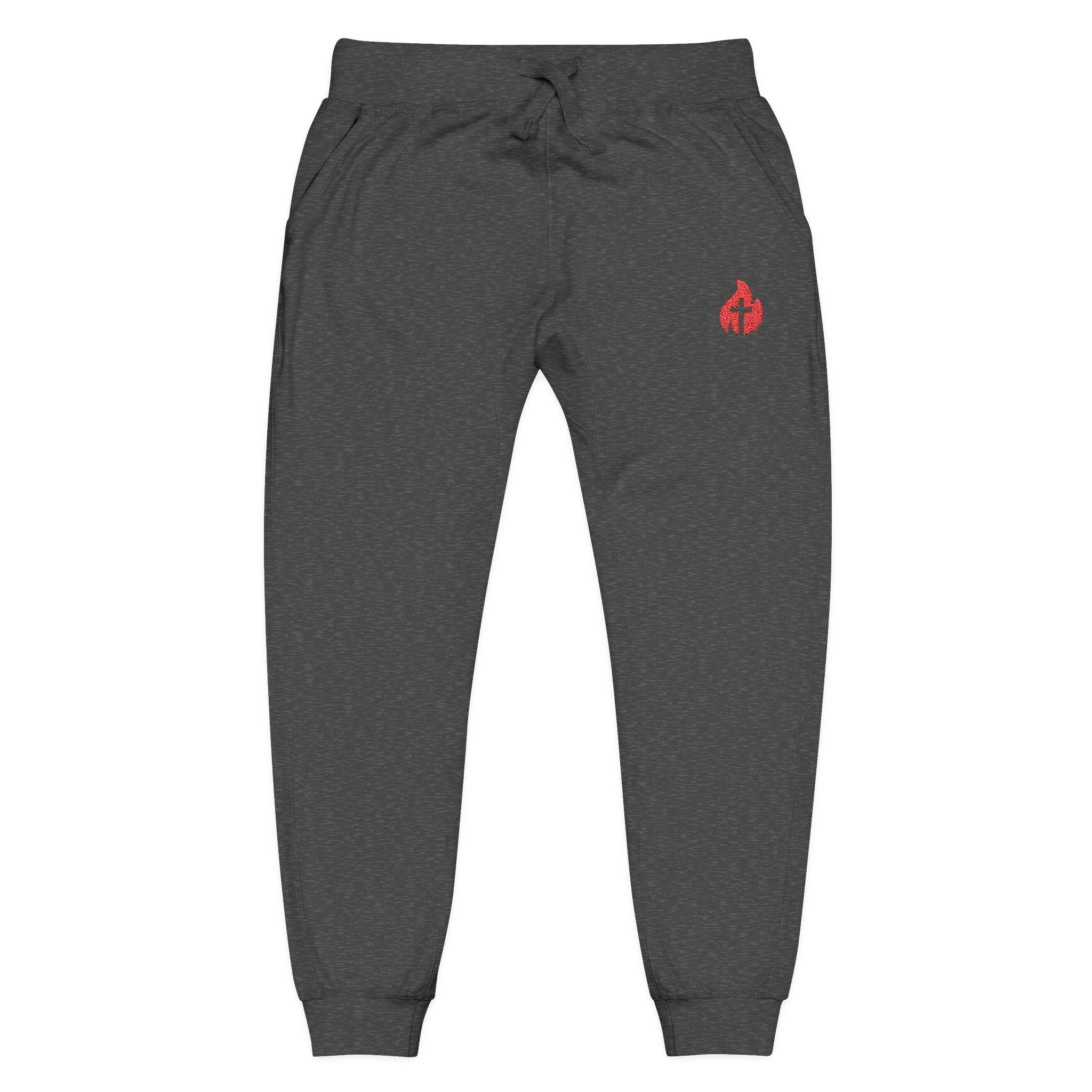 Embroidered Flame Joggers — Grey Fleece Sweatpants