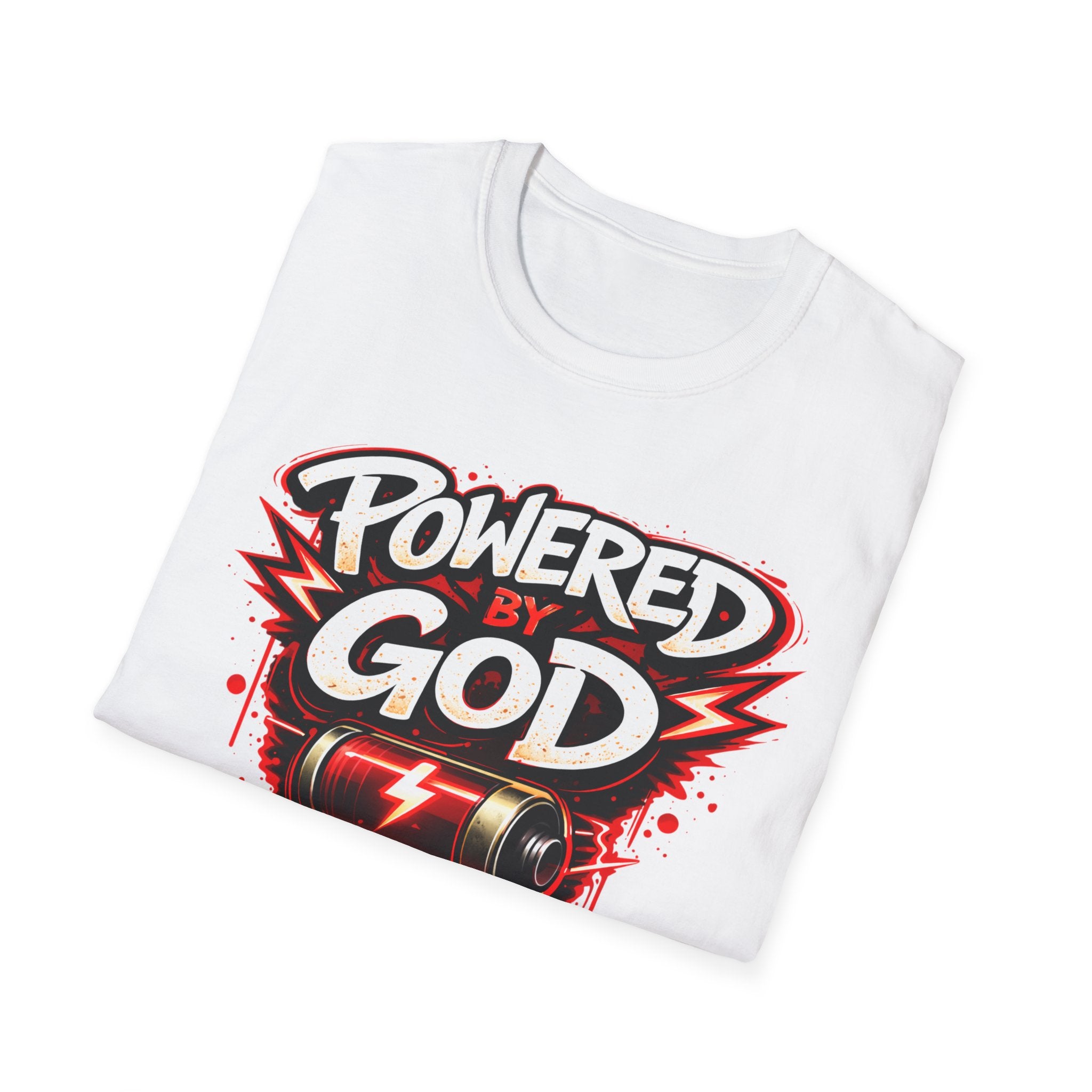 Powered by God T-Shirt — Christian Faith Graphic Tee with Battery Lightning Design