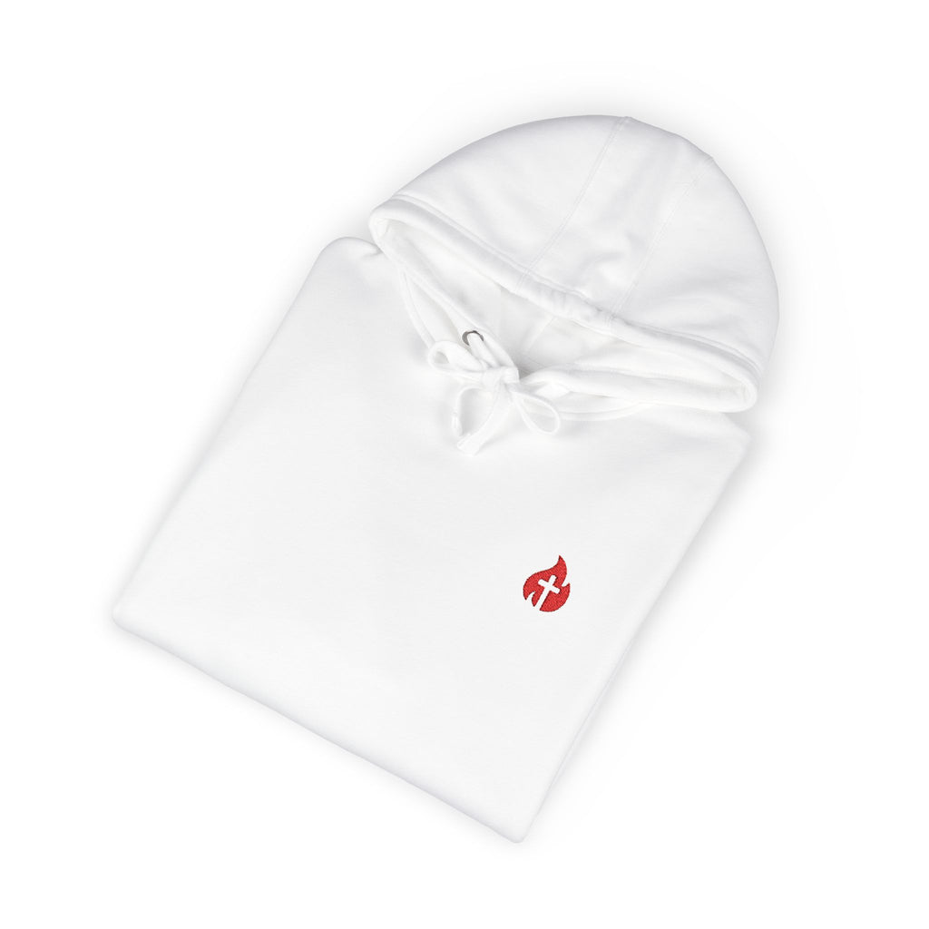Minimal Flame Logo Hoodie — Black Fleece Pullover with Small Red Ember Graphic